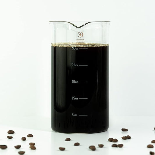 French Press Replacement Glass by Cafe Crush Club - Fire Hardened Borosilicate Beaker - 34 Ounce | 1 Liter Size with White Measures