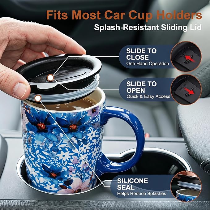 Topadorn 17oz Ceramic Travel Mug with Lid, Blue Floral Coffee Mug with Handle, Large Ceramic Travel Cup, Microwave & Dishwasher Safe, Gift Box Included - Image 6