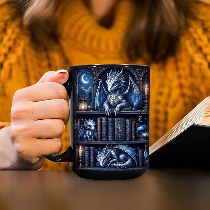 Hyturtle Dragon Bookshelf Coffee Mug 15 Oz, Book Lover Gift For Women - Image 2