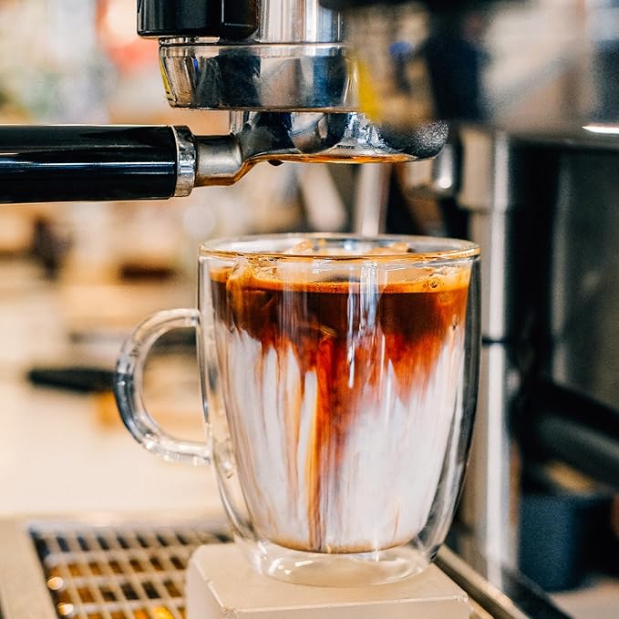 Double Wall Insulated Glass Coffee Mugs set of 4-13.5 oz Clear Hand Blown Glass Coffee Cups with Handle for Cappuccino, Latte,Espresso,Tea Bags,Americano,Beverages, Coffee Lovers Gifts