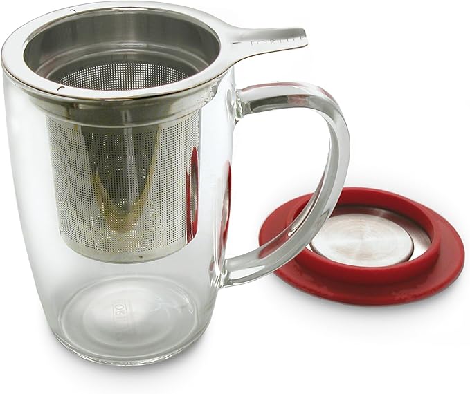 FORLIFE NewLeaf Glass Tea 16-Ounce Mug with Infuser and Lid, Red