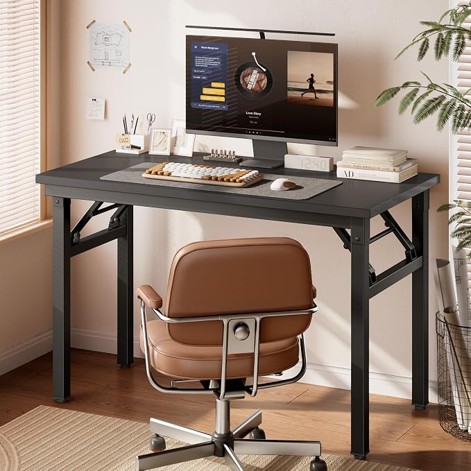 DlandHome 35.8 Inch Small Folding Computer Desk for Home Office, Black | Foldable Writing Table for Small Spaces Bedroom, No Assembly Required, Wood Top Metal Frame, Collapsible Compact Easy Storage - Image 2