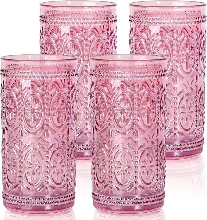 abrwyy Pink Drinking Glasses, 12oz Pink Glassware, Vintage Glassware | Lead-Free Glass, Thick&Durable Glass, Home Decoration, Food Grade Glass by abrwyy