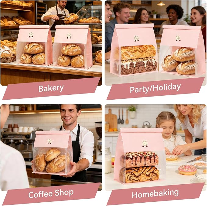 "Funcoo Paper Bread Bags with Tabs for Homemade Sourdough Bread, Pink Bakery Bread Bags with Window/Tin Tie Tab Lock, Large Bakery Loaf Bag for Baked Goods Packaging" (50, X-Large) - Image 7