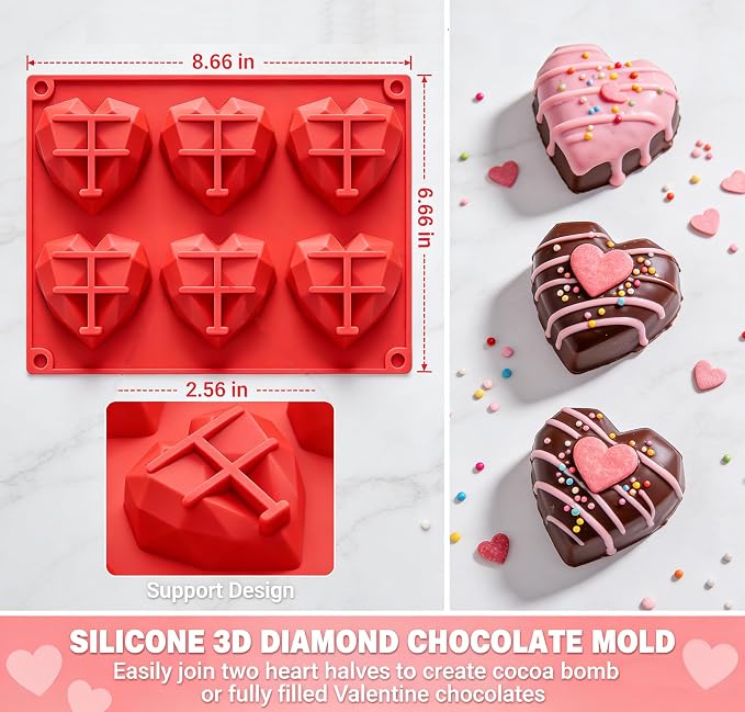 3D Diamond Heart Silicone Molds 2 Pack 12-Cavity Valentine Love Shape for Hot Cocoa Bombs, Chocolate, Cake, Soap, Jelly, Candy, Ice Cube DIY Baking & Party Gift Making - Image 2