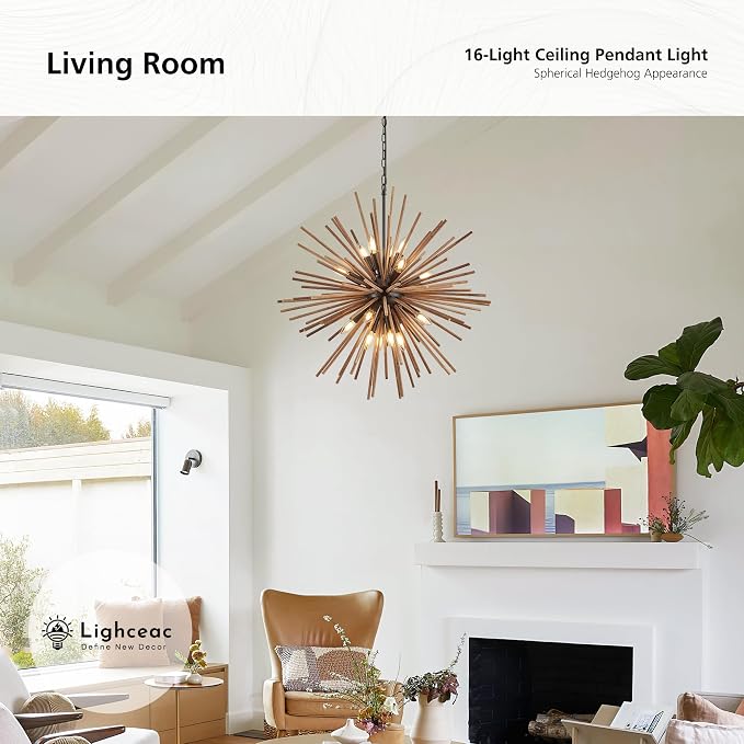 31.3" Farmhouse Sputnik Chandelier for Dining Room Rustic Handmade Natural Wood 16-Light Hanging Ceiling Pendant Light Fixture Starburst Wood Chandeliers for Kitchen Bedroom Foyer Hallway - Image 4
