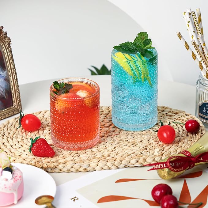 Moretoes 4 Pack Hobnail Drinking Glasses Set,Glass Cups | 12 Oz Highball Glasses & 10 Oz Cocktail Glasses, Kitchen Bar Tumbler Glassware Set for Whiskey, Beer, Juice, Milk - Image 2