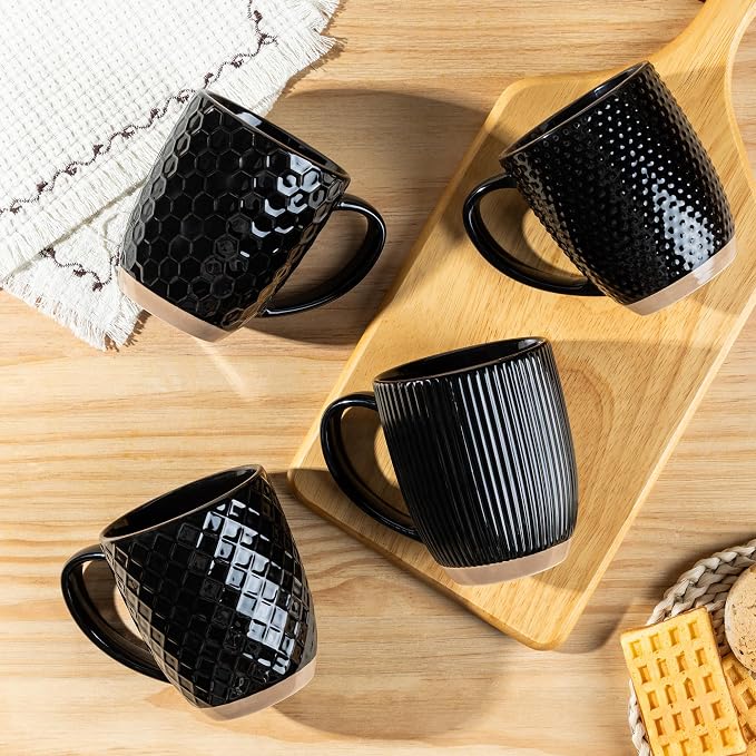 GBhome Large Coffee Mugs Set of 4, 16oz Handmade Embossed Coffee Mugs Set with Large Handle for Cappuccino/Latte/Tea/Hot Cocoa, Dishwasher & Microwave Safe, Black - Image 7