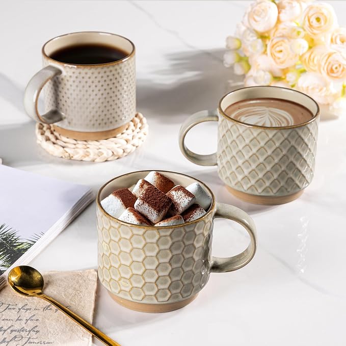 GBhome 12 OZ Stackable Coffee Mugs Set of 4, Ceramic Coffee Cups Set | Coffee Mugs With Stand, Dishwasher&Microwave Safe, 4 Assorted Designs - Image 6