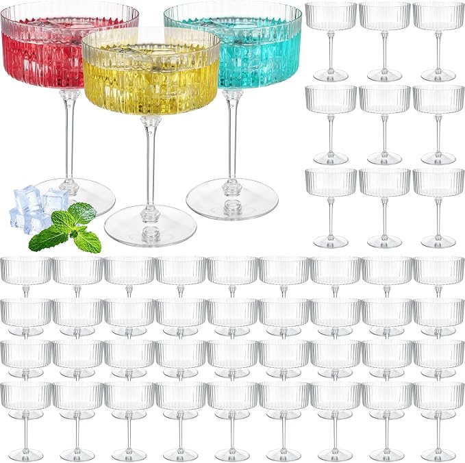 Jingmore 48 Pcs Ribbed Martini Glasses 10 oz Disposable Plastic Vintage Ribbed Coupe Glasses Unbreakable Dessert Parfait Glassware for Wedding Birthday Party Supplies (Clear) by Jingmore