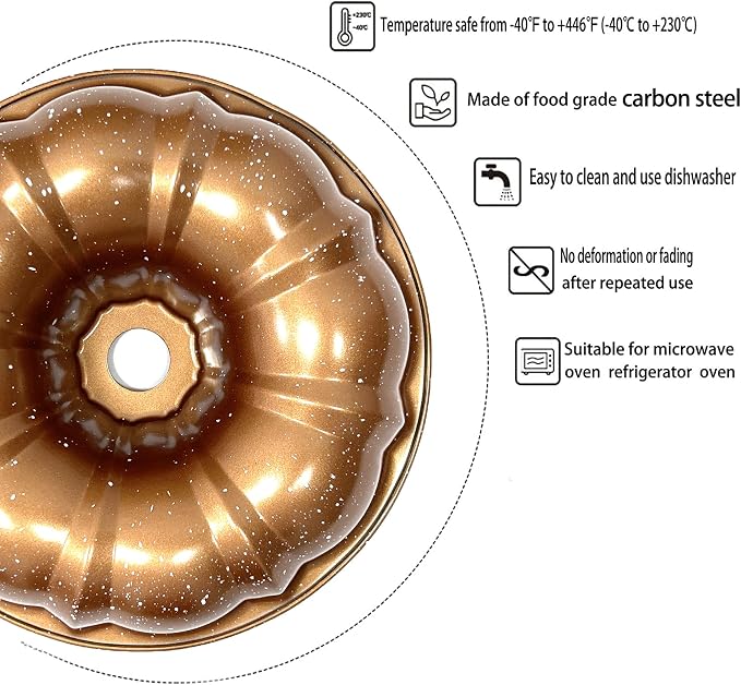 Kundalini Classic Bakeware 9.5 Inch Non-stick Fluted Cake Pan,Heavy Duty Carbon Steel Tube Baking Mold Gold - Image 3