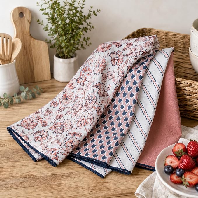 TARAN LIVING Printed Kitchen Dish Bar and Tea Towels Cotton, 18x28 inch with Trims, Cotton Dish Towel Sets (White & Peach, Set of 4) - Image 7