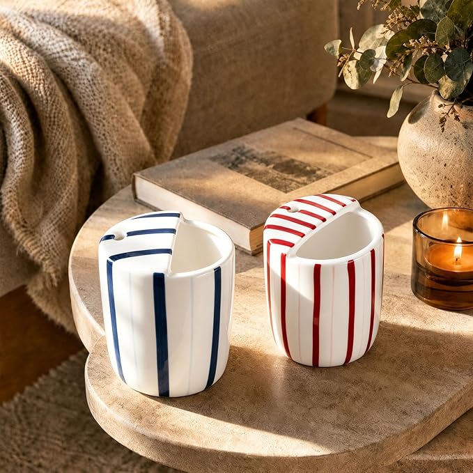 2 Pcs Ceramic Mug with Sip Hole 10 oz Deep Blue Red Striped Ceramic Coffee Mug Hand Painted Travel Mugs Heat Resistant Non Slip Built in One Lid Mugs for Coffee Lovers Appreciation Gift - Image 6