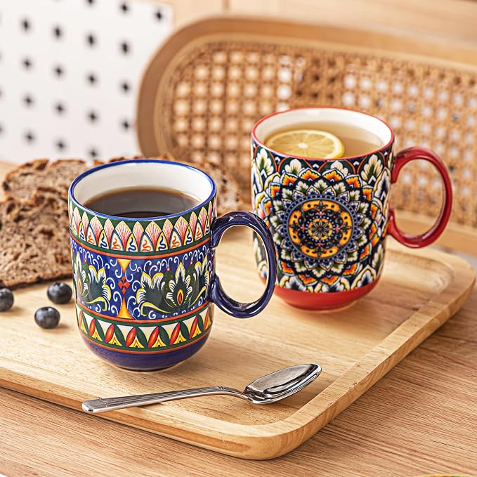 Henten Home Ceamic Coffee Mug Set of 6, 14 oz Colorful Latte Cup with Handle, Boho Floral Mug for Hot Cocoa, Milk, Tea, Chocolate, Microwave & Dishwasher Safe - Image 7