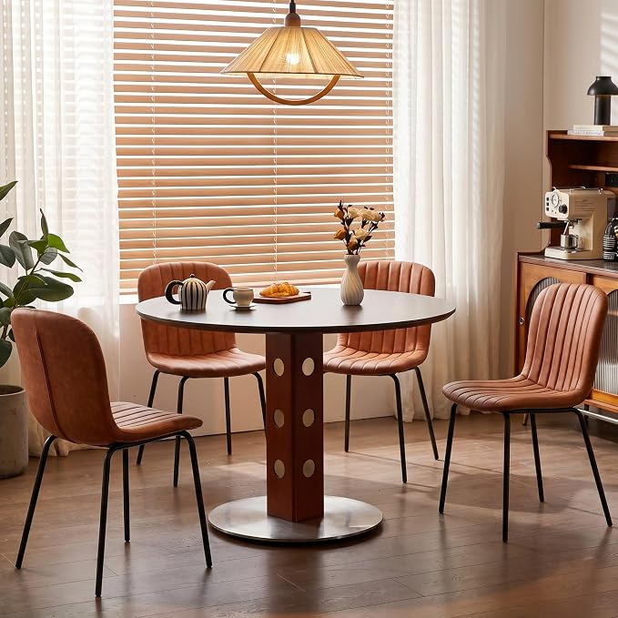 Dining Chair Set of 4, Upholstered PU Leather Seat with Black Metal Legs,Modern Comfortable Kitchen Chair, Curved Backrest Dining Chair for Dining Room Living Home(Mid-Century Brown) by SQPFTW