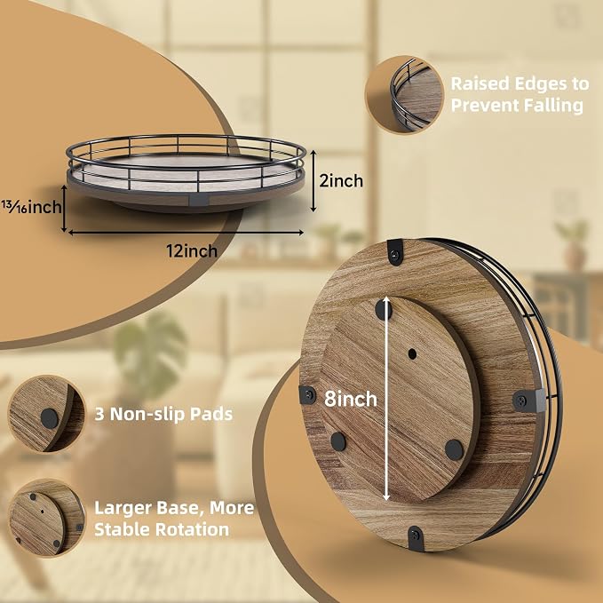 Acacia Wood 12" Lazy Susan Turntable Organizer for Table Top, Farmhouse Round Wooden Lazy Susan for Cabinet Kitchen Centerpieces Coffee Table, for Condiments Spices, Bathroom Vanity Tray Decor - Image 2