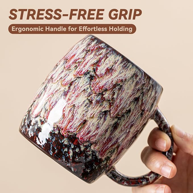 Unique Reactive Glaze Ceramic Coffee Mug - 14 oz Large Coffee Cup with Ergonomic Handle, Lava Red Porcelain Mug for Women & Men, Microwave & Dishwasher Safe, Perfect Birthday & Housewarming Gift - Image 7
