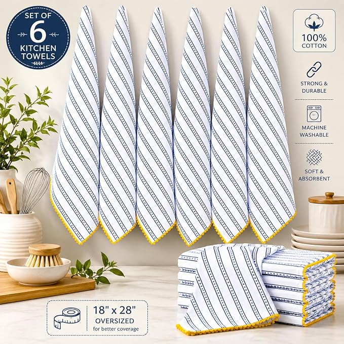 Printed Kitchen Dish Bar and Tea Towels Cotton, 18x28 inch with Trims, Cotton Dish Towel Sets (Blue Stripes, Set of 6) - Image 2
