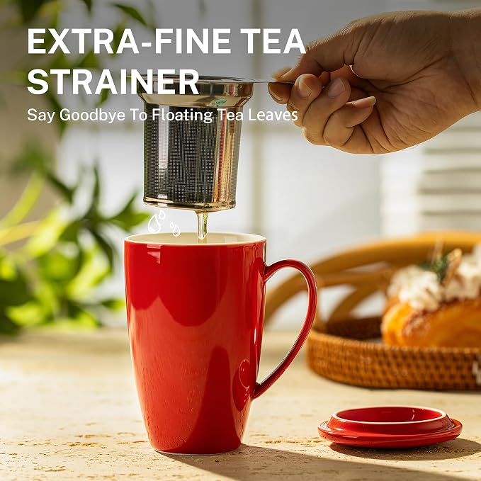 Sweese 15 OZ Porcelain Tea Mug with Infuser and Lid, Loose Leaf Tea Cup, Gifts for Tea Lover, Red - Image 5