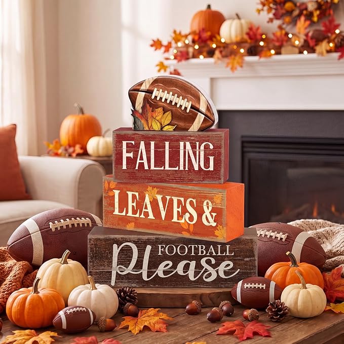 Moucuny 4 Pcs Fall Football Table Decorations for Home Fall Tiered Tray Decor Falling Leaves & Football Please Centerpieces with Footballs Topper, Rustic Thanksgiving Decor for Home, Game Day Party - Image 2