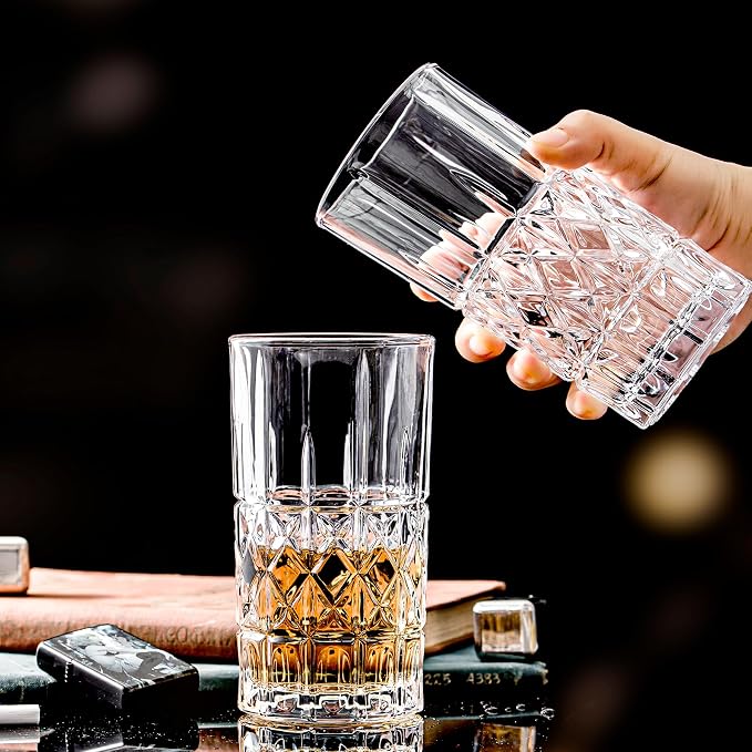 Tall Highball Glasses Set of 6, 14 Ounce Cups, Textured Designer Glassware for Drinking Water, Beer, or Soda, Trendy and Elegant Dishware, Dishwasher Safe - Image 5