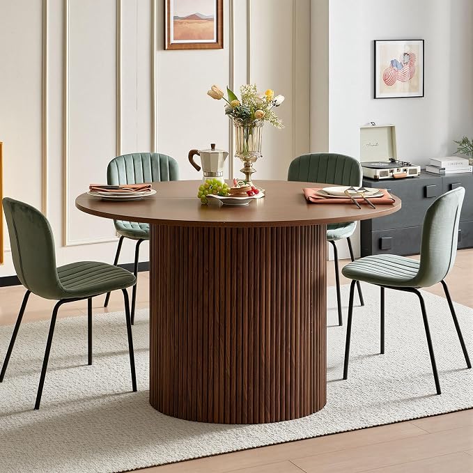 5 Piece Round Dining Table Set for 4, Mid Century Modern Wooden Kitchen Table and Chairs, Space-Saving Small Dinette Set (47 Inch Walnut Table+4 Green Chairs) - Image 3