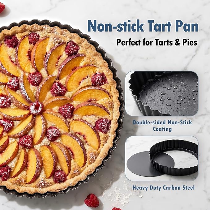 2 Pack 9 Inch Tart Pan,Removable Bottom,Nonstick Carbon Steel Quiche Pan | Heavy Duty Fluted Pie Pan,Quiche Baking Dish,Pie Mold/Tart Molds for Baking Fruit Tarts,Pies & Quiches, PFOA & PTFE-Free - Image 4