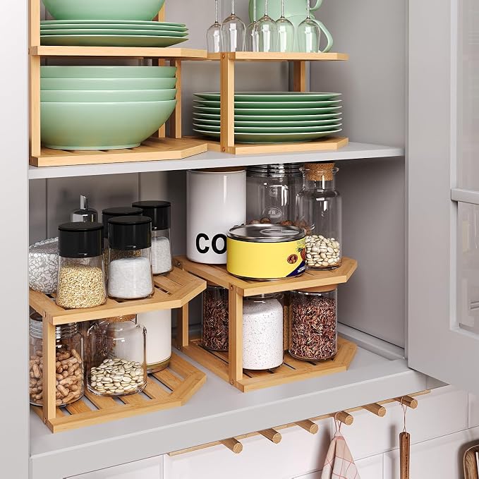 VERTORGAN 2 Tier Bamboo Corner Shelf 3 Pack Plate Organizer Kitchen | Pantry Storage,Dish Rack,Spice Rack,Corner Organizer,Kitchen Counter Shelves,Kitchen Storage,Holds Plates - Image 6