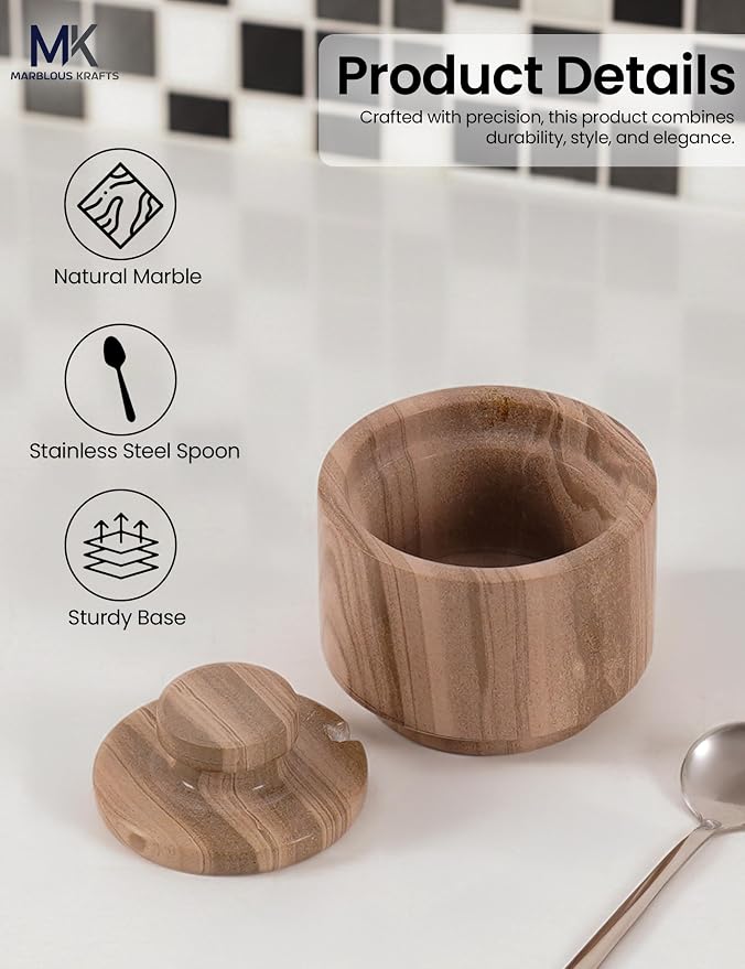 MARBLOUS KRAFTS Marble Salt Cellar with Lid and Spoon 3" Inch Natural Brown Salt and Pepper Dish, Sugar and Salt Bowls Countertop, Coffee Container, Spice Jars, Candy Jar - Image 5