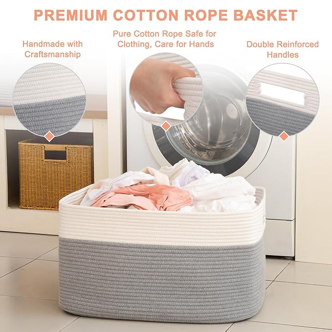 75L Large Blanket Basket, Toy Basket Bin for Kids, Cotton Rope Woven Storage Baskets for Living Room, Bedroom, Nursery, Baby Room Decorative Organizer, 22''×17''×12'', Grey and White