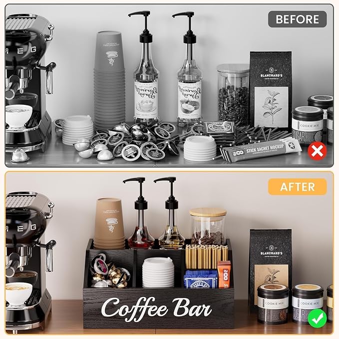 2 Pack Coffee Station Organizer for Countertop – Wooden Coffee Bar Organizer with Adjustable Dividers,Holds K Cup Pod & syrup bottles, for Kitchen, Office, or Bar and Tea Station, Black - Image 6