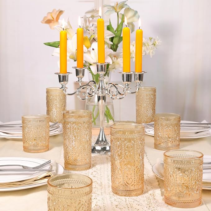 abrwyy Amber Glassware set of 4, Vintage Drinking Glasses, 10oz Heavy Duty Glass Cups, Colored Glassware Set, Embossed Glasses Set for Party Wedding Home Office Gift - Image 8