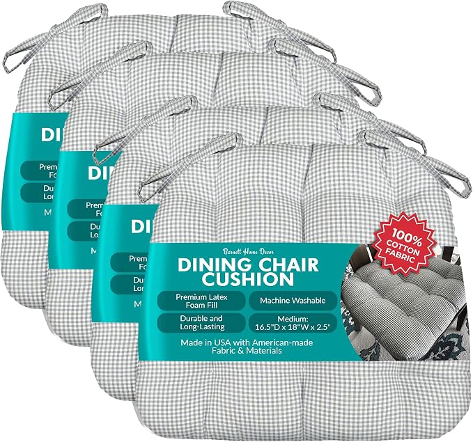Barnett Home Decor Dining Chair Cushions with Ties, 16.5 x 18 Inches, Pack of 4 – Machine Washable, Made in USA with 100% Cotton and Latex Foam Fill for Comfortable Seating – Madrid Grey Gingham Check by BarnettHomeDecor