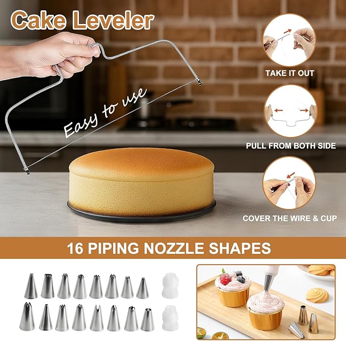 WERTIOO 138pcs Springform Cake Pan Sets for Baking with Cake Decorating Kit, 3 Round Non-Stick Springform Pan Set (4, 7, 9 inches), Leak-Proof Cheesecake Pan with Icing Tips, Cake Leveler & eBook