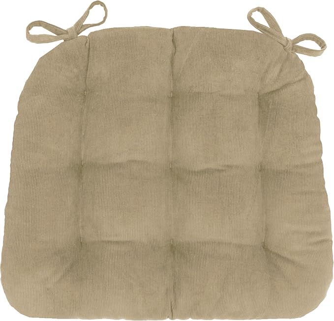 Barnett Home Decor Dining Chair Pad with Ties Corduroy Beige -Size Medium 16.5 x 18 16.5 x 18 Chair Cushion - Latex Foam Fill Cushion, Reversible, Machine Washable - Pinwale (Taupe/XL) by BarnettHomeDecor