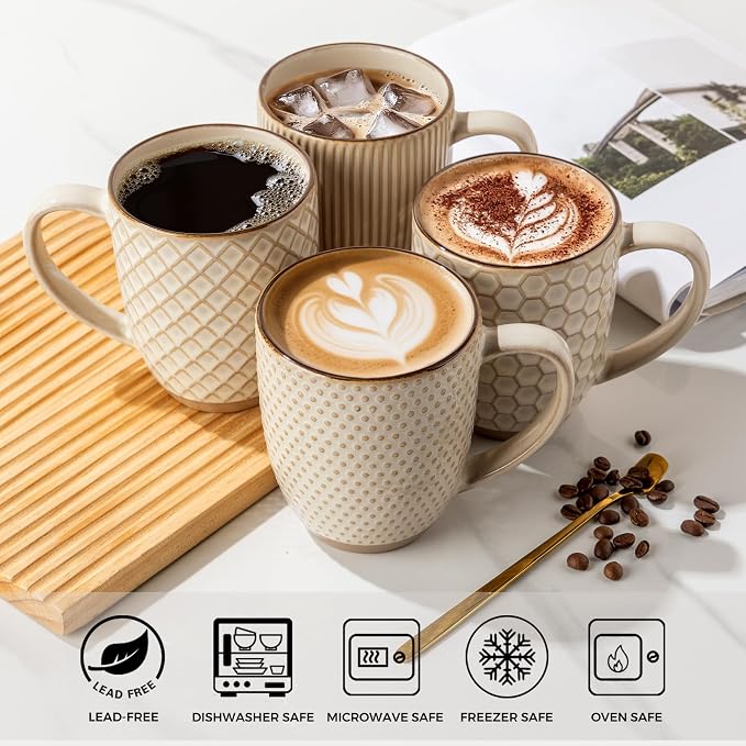 GBhome Large Coffee Mugs Set of 6, 16oz Handmade Embossed Coffee Mugs Set with Large Handle for Cappuccino/Latte/Tea/Hot Cocoa, Dishwasher & Microwave Safe, Khaki - Image 4