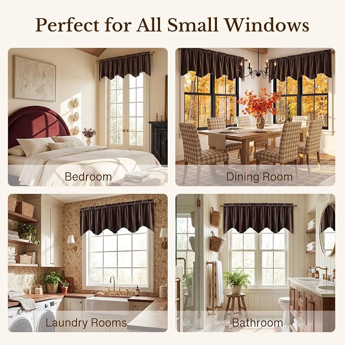 Brown Valance for Windows 52x18 Inch 1 Panel | Solid Velvet Wavy Kitchen Curtains for Small Window, Autumn Traditional Home Decor Window Treatment for Living Room - Image 6