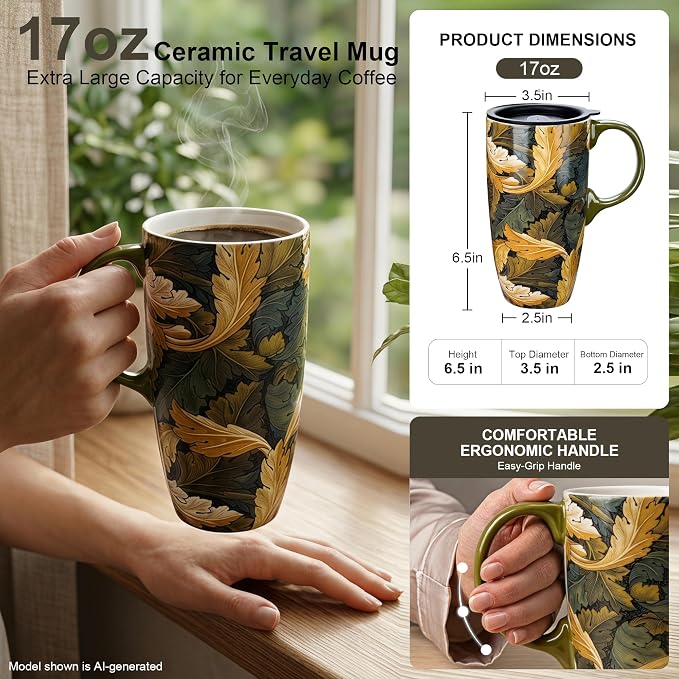 Topadorn 17oz Ceramic Travel Mug with Lid, William Morris Acanthus Leaf | Coffee Mug with Handle, Dark Gold Botanical Latte Cup, Microwave & Dishwasher Safe, Gift Box Included - Image 2