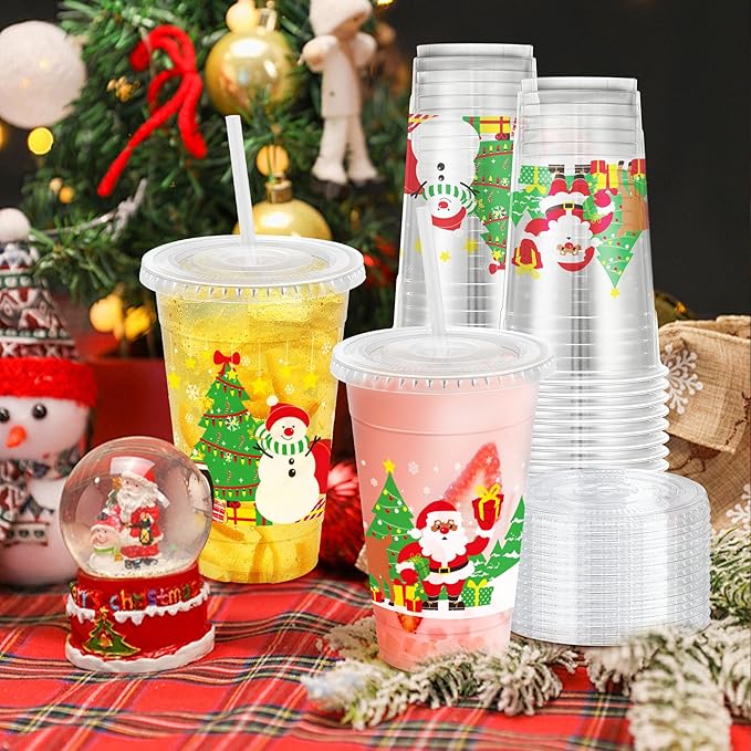 Christmas 20 OZ 50 Pack Plastic Cups with Lids and Straws, Sturdy Food Safe Iced Clear Coffee Cups Disposable Smoothie Cups for Cold Drinks