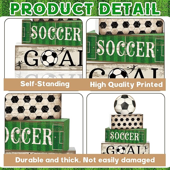 Moucuny 4 Pcs Soccer Party Decorations Soccer Table Centerpiece Football Tiered Tray Decor Wooden Ball Block Signs Gift Sports Themed Table Decorations for Boys Baby Shower Party Supplies Decor - Image 5