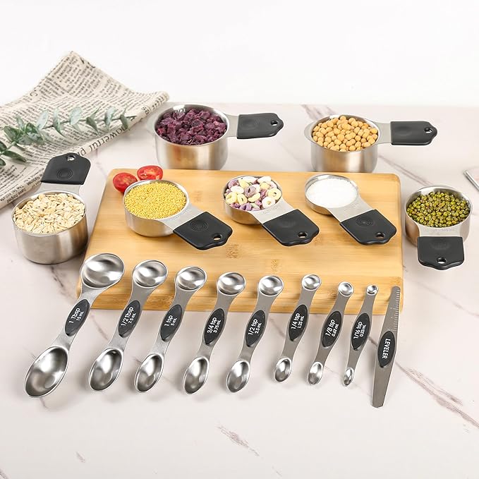 Smithcraft Magnetic Measuring Cups and Spoons Set 16, Metric & US Stainless Steel Measuring Cups and Spoons Set for Dry & Liquid, Metal Measure Cups & Spoons & Leveler for Kitchen&Baking, Black