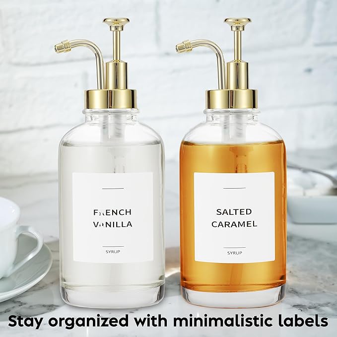 Coffee Syrup Dispenser with Pump - Includes 24 Flavor Labels - Glass Syrup Dispenser for Coffee Bar - Elevate your Beverage Station with 16.9 fl oz Flavoring Container Bottles, 2pcs, Gold