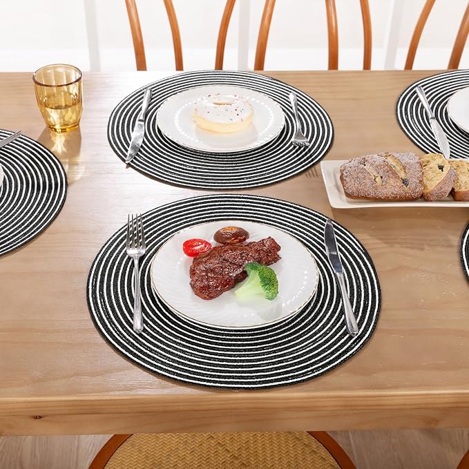 SHACOS 15 inch Round Braided Placemats Set of 6 Non Slip Washable Fabric Kitchen Table Place Mats Heat Resistant Table Mats for Home Wedding Party, Black White - Image 6