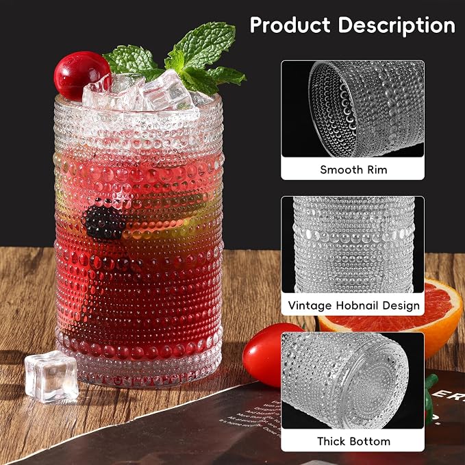 Moretoes 2pcs Hobnail Drinking Glasses,Vintage Glass Cups Set | 12 Oz Highball Glasses & 10 Oz Cocktail Glasses, Clear Embossed Tumbler Glassware Set for Whiskey, Beer, Juice, Milk - Image 5