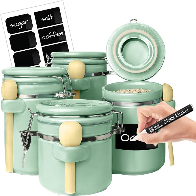 Home Intuition 4-Piece Ceramic Kitchen Canisters Set, Airtight Containers with Wooden Spoons Reusable Chalk Labels and Marker for Sugar, Coffee, Flour, Tea (Mint) by HomeIntuition
