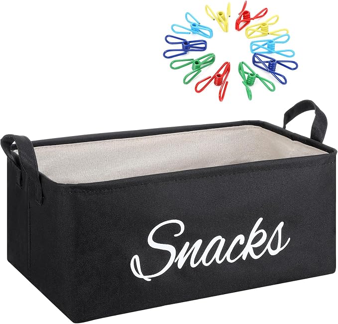 17 Pcs Snack Basket Sets, Snack Storage Bin for Pantry Shelves with 16 Pcs 2 Inch Chip Clips, Basket Organizer for Kitchen Home, Chips, Popcorn, Candy, Pretzels(Burlap,Black) by Newtay