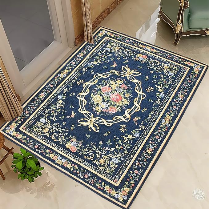 Luxury Rustic Floral Door Mat Washable Elegant Shabby Rose Rug Non Slip Accent Floor Rugs for Entry Way, 2' x 3', Navy Blue by Ukeler