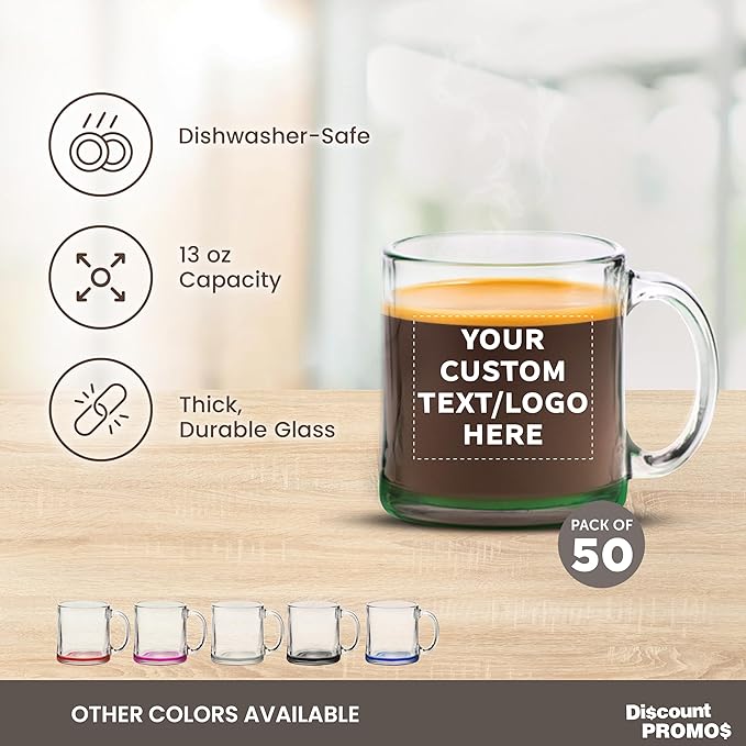 Custom Libbey Clear Glass Coffee Mugs 13 oz. Set of 50, Personalized Bulk Pack - Perfect for Coffee, Tea, Espresso, Hot Cocoa, Other Beverages - Green Bottom
