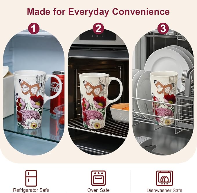 Topadorn 17oz Ceramic Travel Mug with Lid, Vintage Botanical Butterfly Mug | Vintage Botanical Butterfly Design, Comfortable Handle, Spill-Resistant Lid, Dishwasher Safe, Gift Box, Not Microwave Safe - Image 5