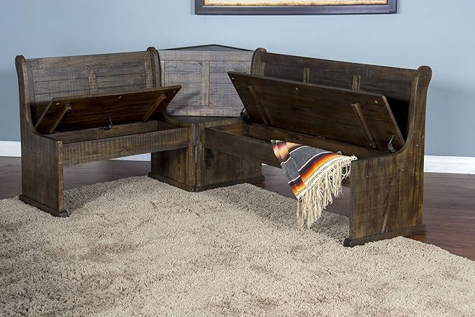 Pemberly Row Farmhouse Wood Kitchen Corner Breakfast Dining Nook Set with Table, Reversible Bench, Chair and Hidden Storage in Tobacco Leaf - Image 4